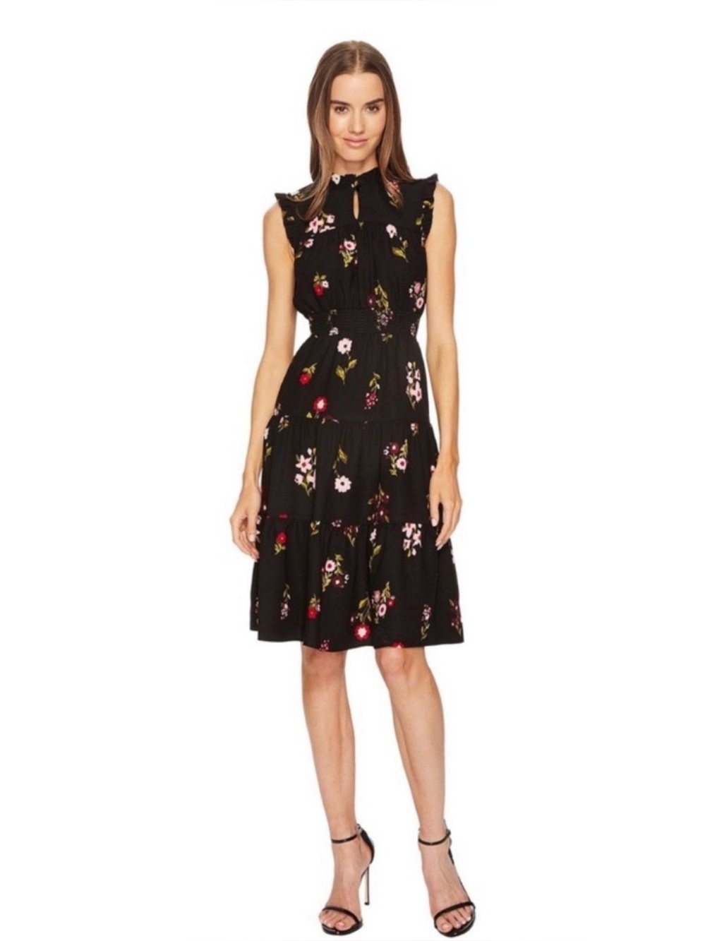 Kate Spade In Bloom Smocked Waist Black Floral Dress Womens Size Small